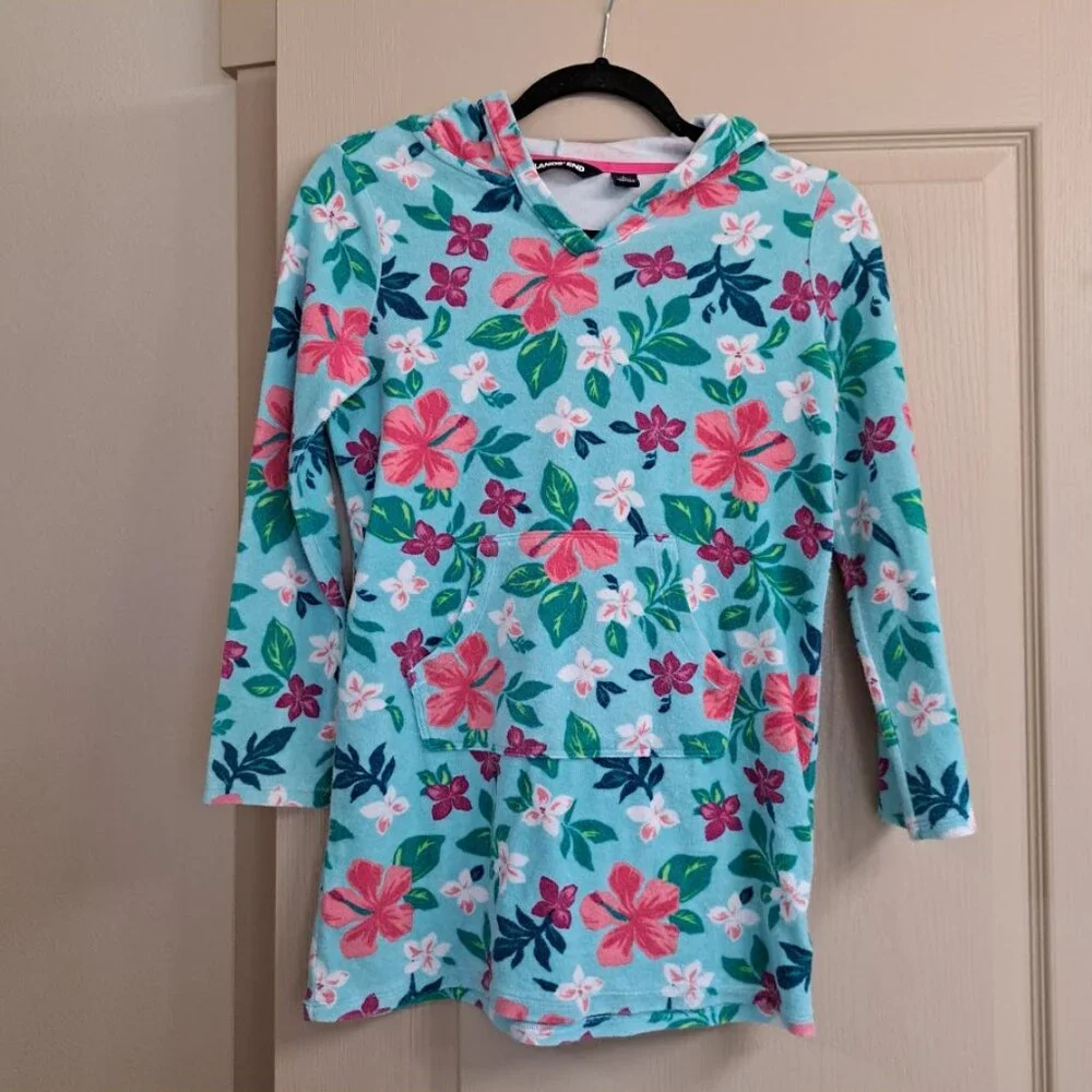 Lands End Girls large Swimsuit cover‎ towel blue  with pink flowers hood pocket